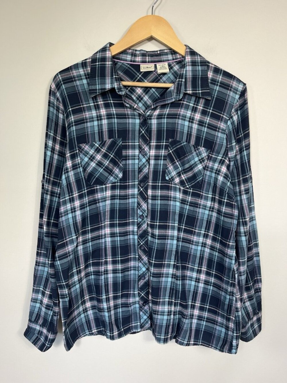 LL Bean Top Large Blue Purple Plaid Long Sleeve Button Down 100% Cotton